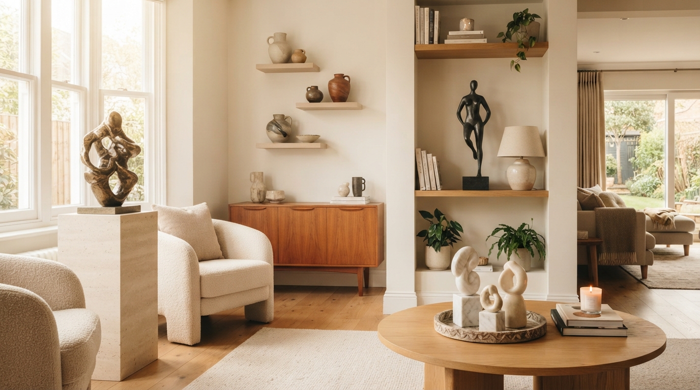 Editorial illustration for Four Creative Ways to Display Sculptures in Your Living Room