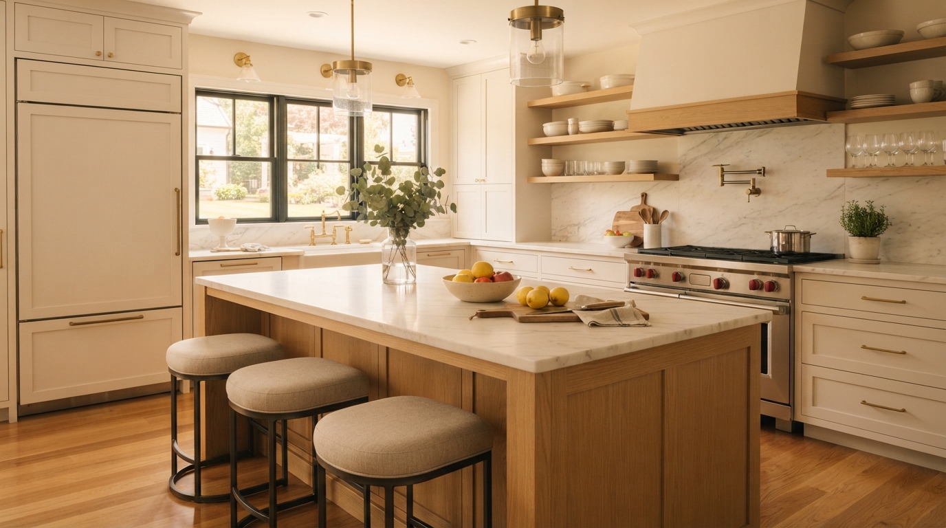 A bright and spacious modern kitchen remodel in North Haven, CT, showcasing high-quality finishes and professional craftsmanship by Bencar Building Systems.