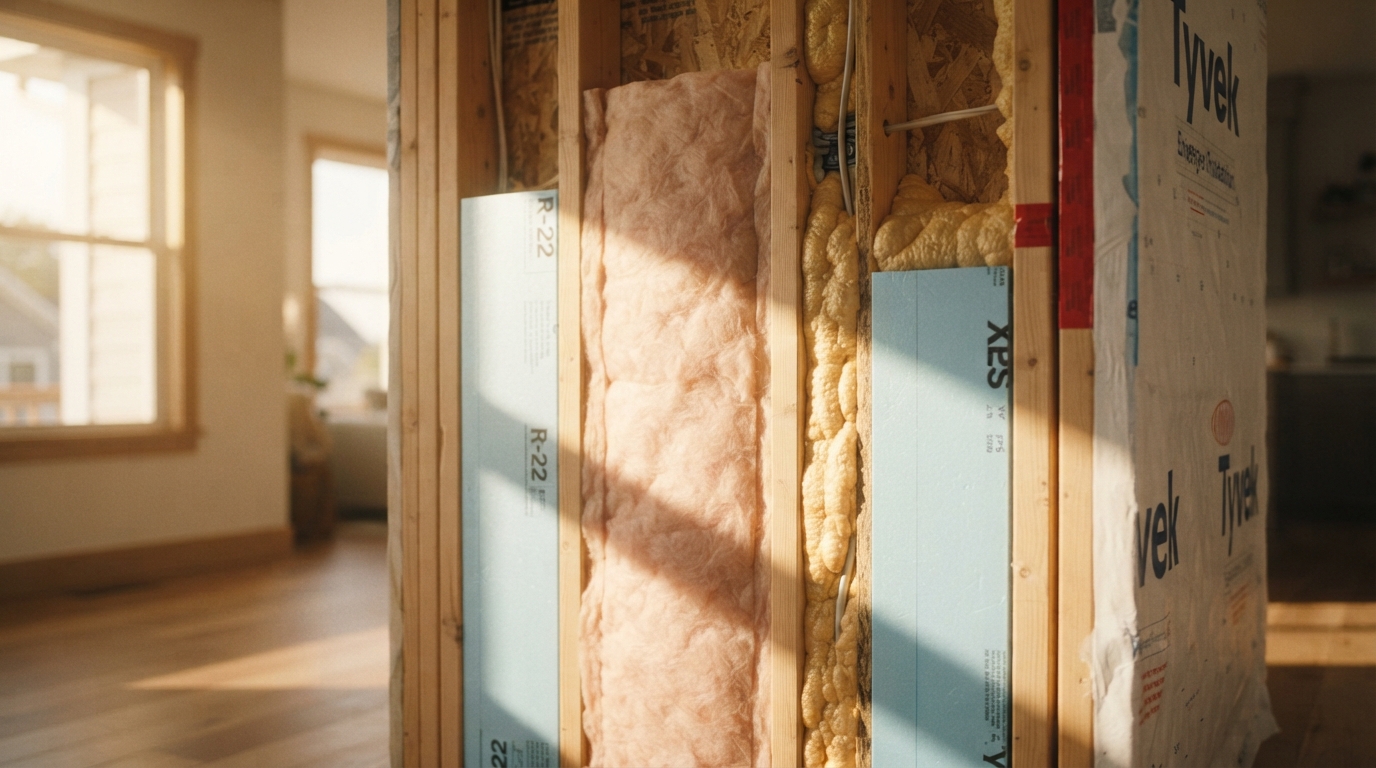 Cross-section of a home wall showing various insulation types, demonstrating energy efficiency and thermal barrier effectiveness.