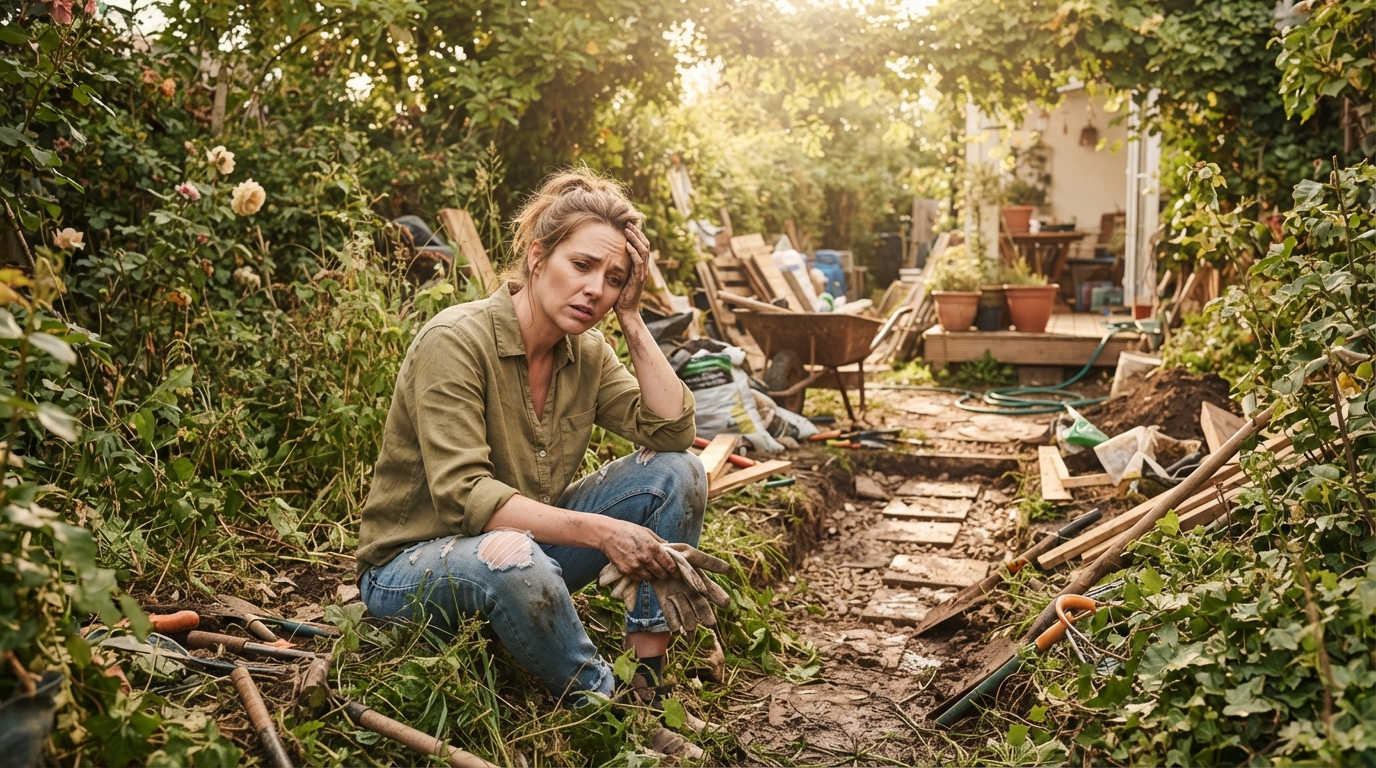 Overwhelmed homeowner standing in a messy, unfinished garden, symbolizing common landscaping mistakes to avoid.