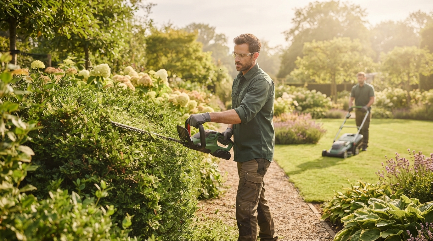 Professional landscaper using electric hedge trimmer with electric mower in background on a sunny day.