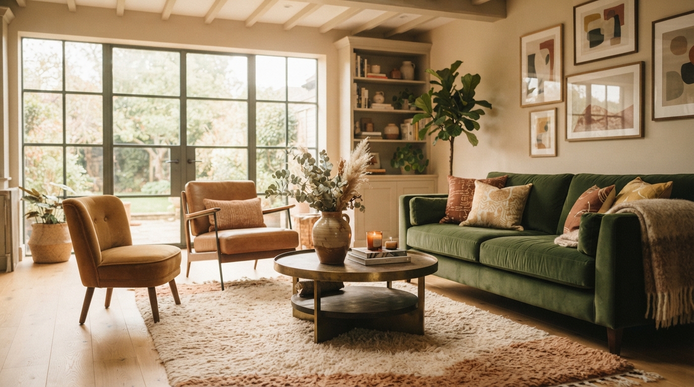 A beautifully redesigned living room showcasing stylish furniture, warm lighting, and tasteful decor, proving a chic space can be achieved affordably.
