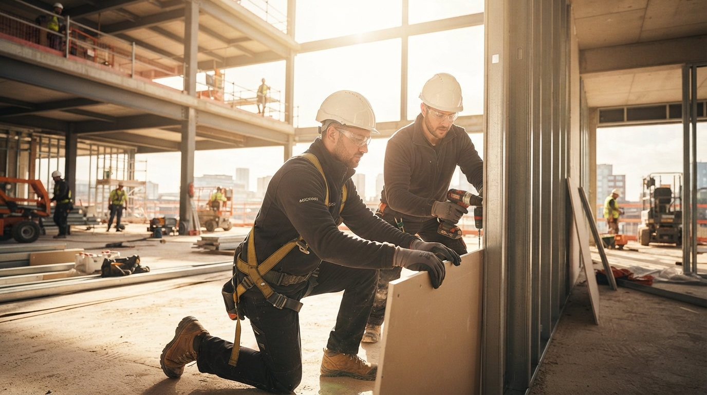 Construction workers installing gypsum plasterboard on a large building project, symbolizing the surging growth of the drywall market.