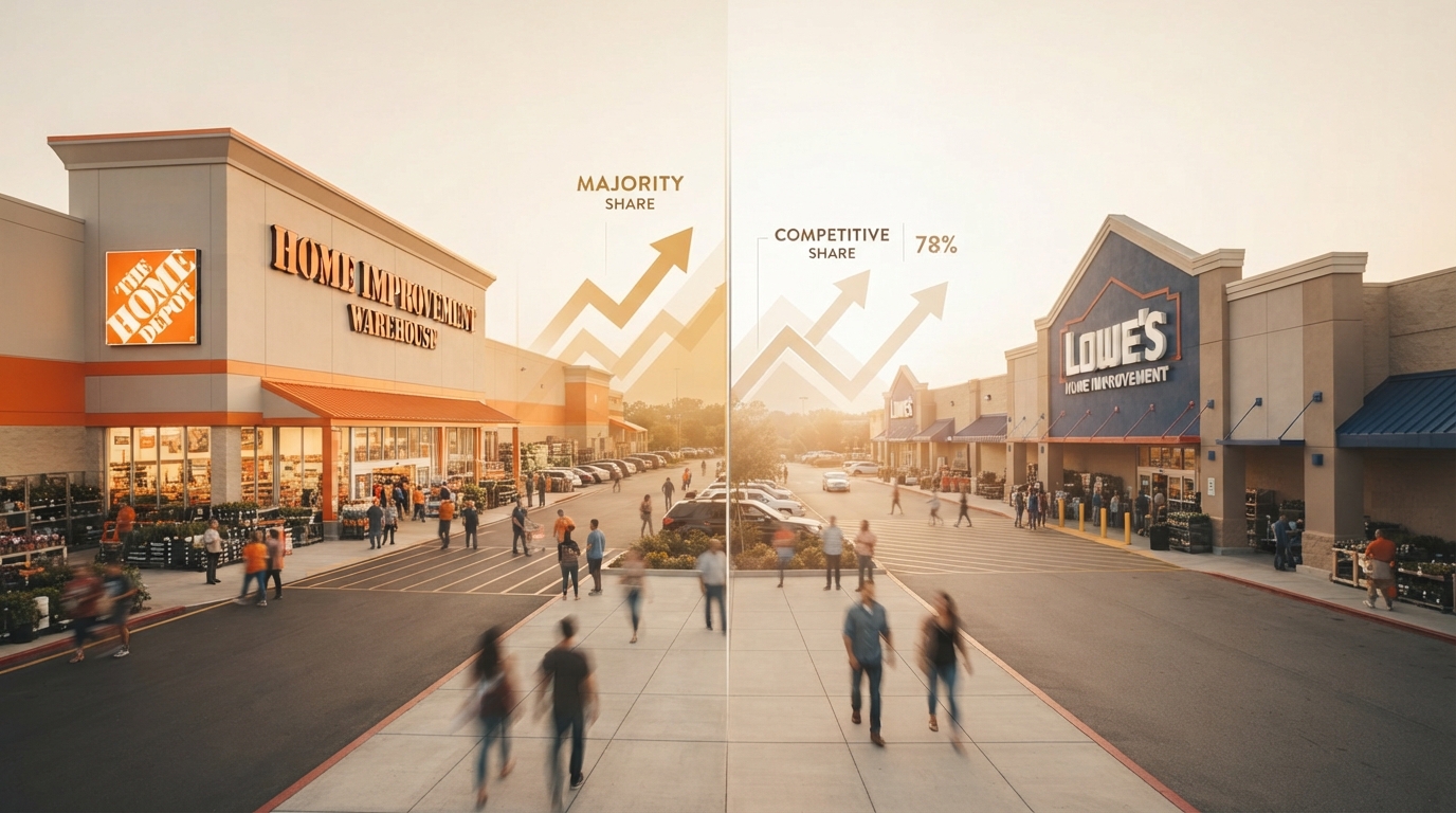 A visual comparison of Home Depot and Lowe's storefronts, illustrating their competitive positions in the home improvement market with data overlays.