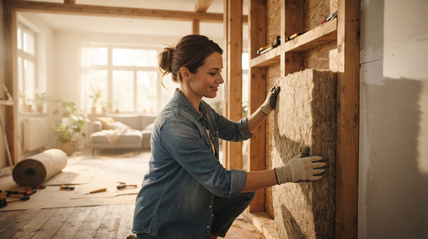 Homeowner installing eco-friendly wood fiber insulation panels during a sustainable home renovation project, highlighting a commitment to green building practices.