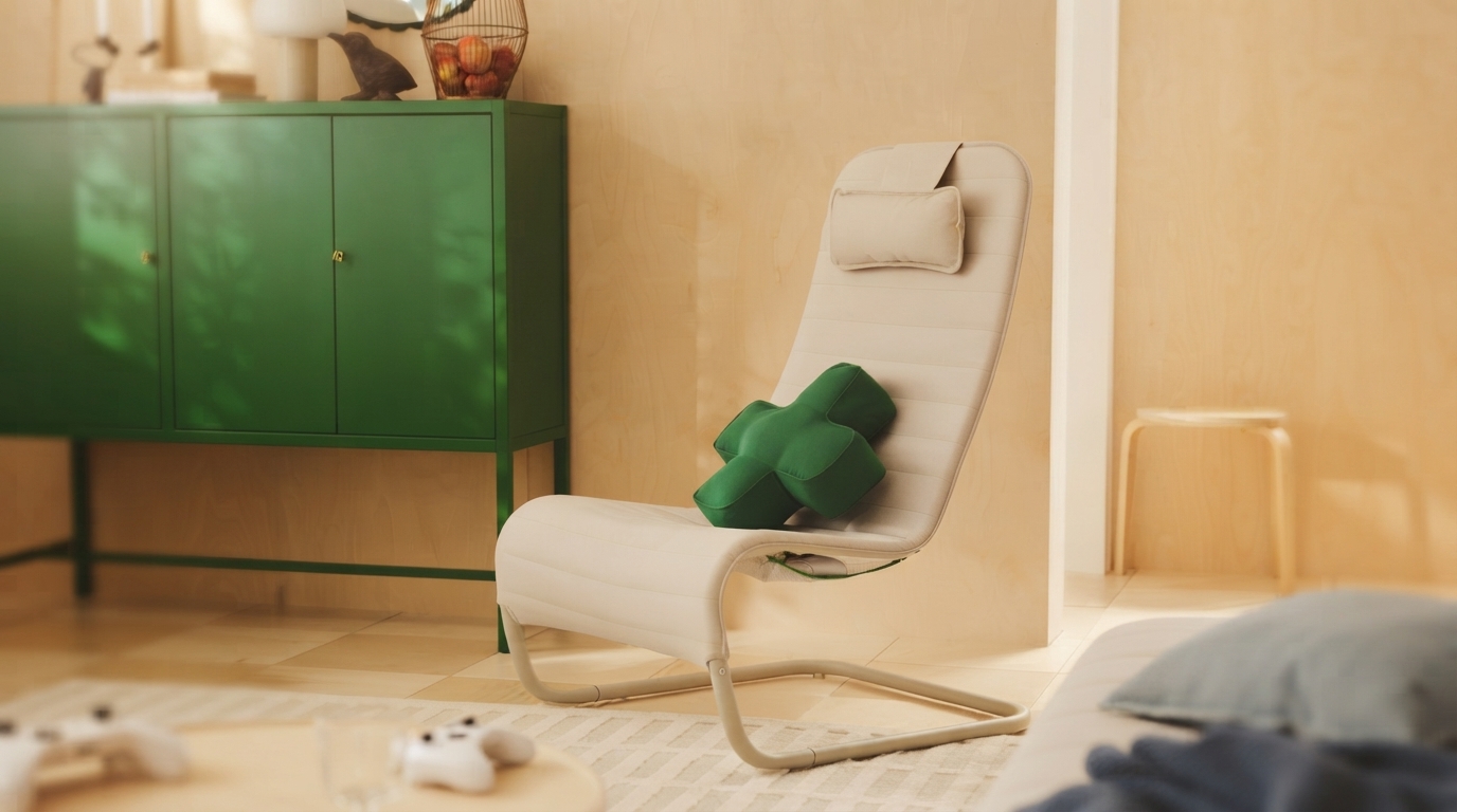 A contemporary living room featuring the IKEA Xbox YXSTABY rolling gaming TV stand, showcasing integrated home gaming furniture.