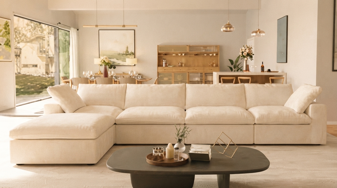 A stylish living room with a comfortable, modern couch bathed in natural light, perfect for a home upgrade.