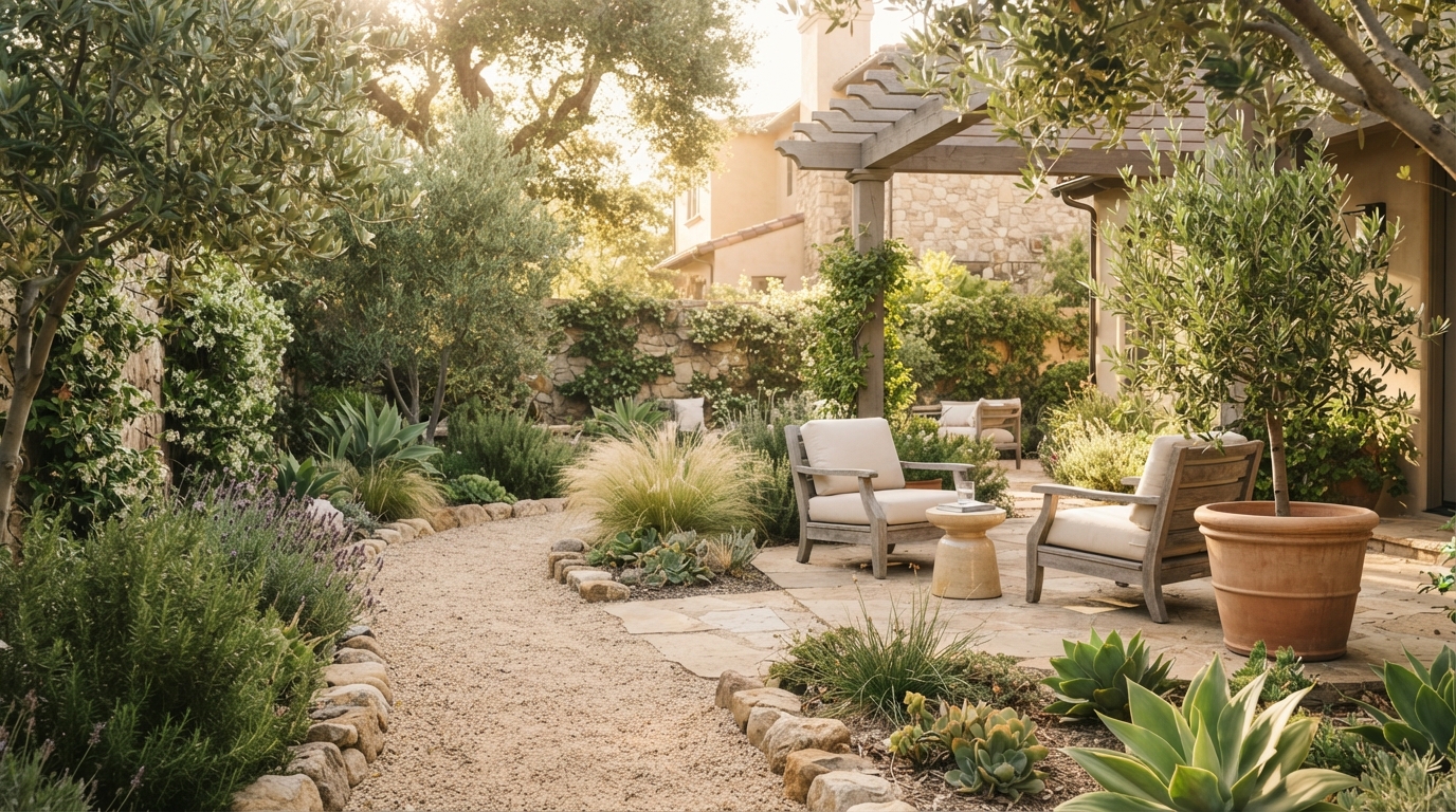 A beautiful, low-maintenance backyard with gravel paths, native plants, and a cozy patio, designed for busy homeowners seeking relaxation.