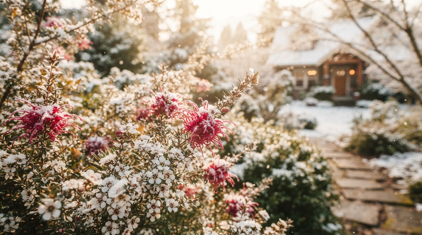 Vibrant leptospermum and grevillea shrubs providing colorful blooms in a winter garden, defying the cold with low maintenance care.