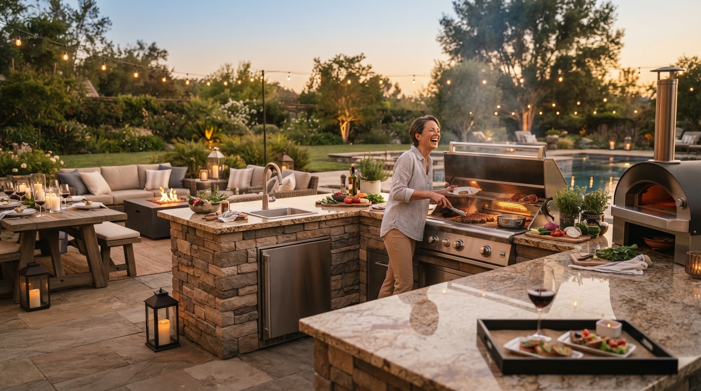 Luxurious outdoor kitchen with integrated living space, featuring granite countertops, stainless steel appliances, and comfortable seating under evening light.