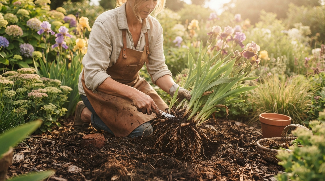 Gardener dividing irises in late summer, showcasing healthy roots and new growth for garden expansion.