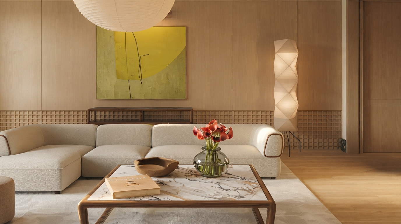 A minimalist living room showcasing quiet luxury decor with high-quality furniture, subtle textures, and a neutral color palette.
