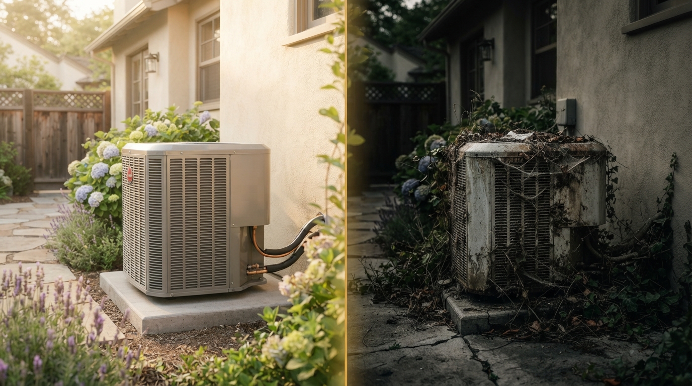 Split image contrasting a clean, efficient HVAC unit with a neglected, dusty one, illustrating the benefits of seasonal maintenance for energy savings.