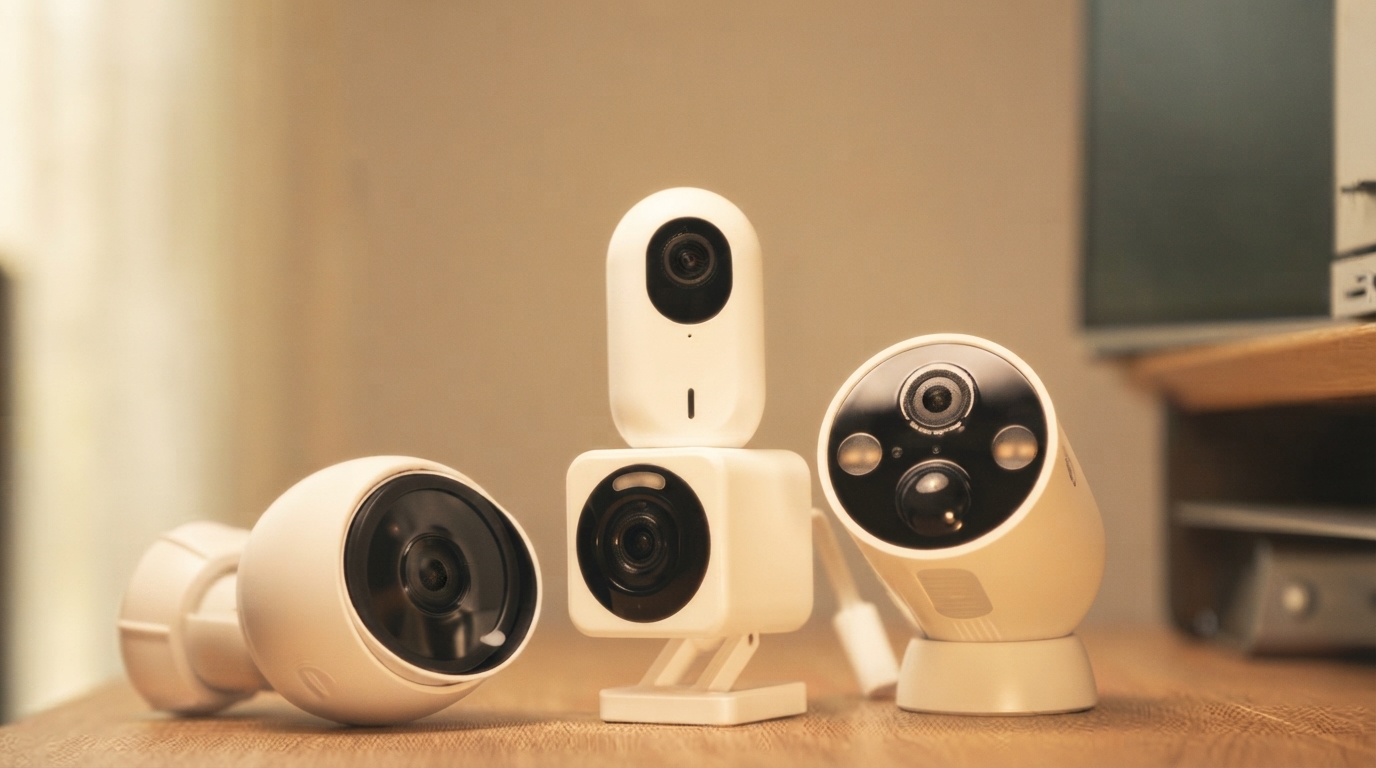 A modern living room showcasing integrated smart home security devices like cameras, smart locks, and a tablet displaying a security feed, emphasizing safety and technology.