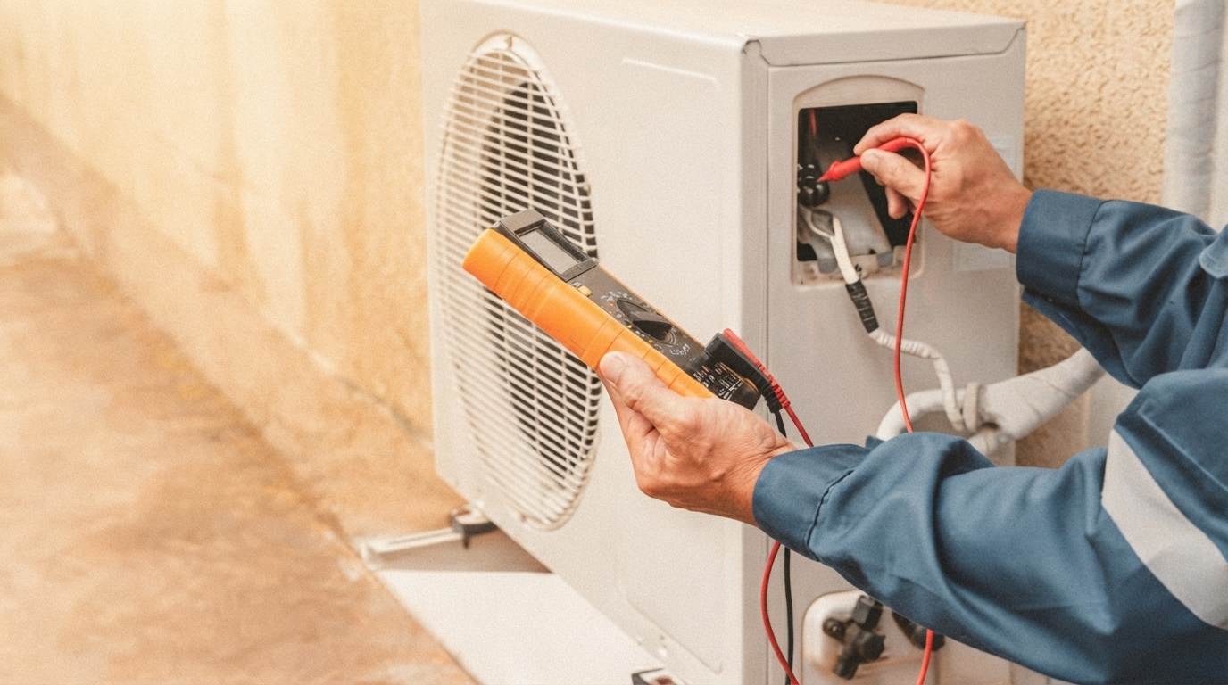 A distressed homeowner in Texarkana stares at a broken air conditioning unit during a severe August heatwave, highlighting widespread AC failures.