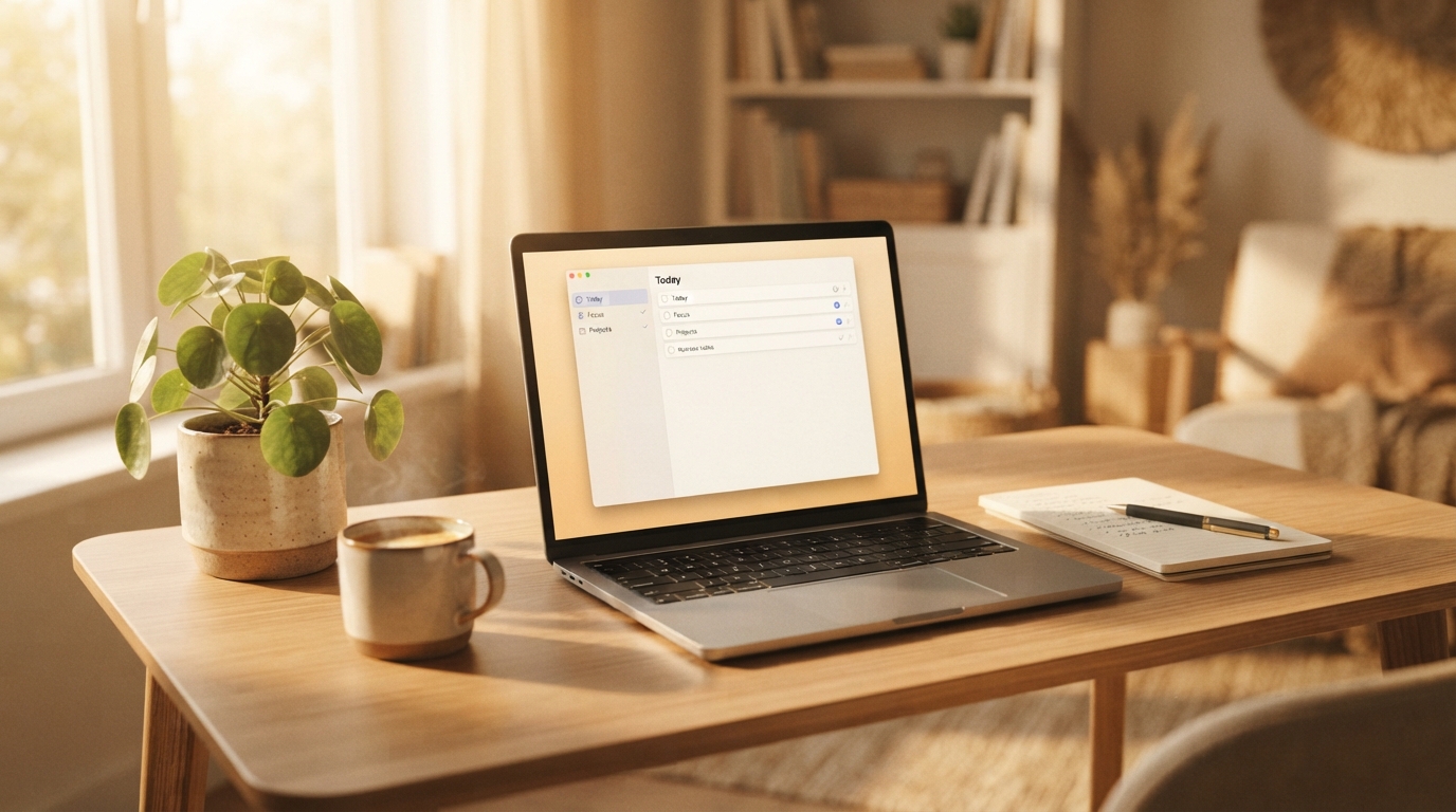 A well-organized desk with a laptop showing TickTick, symbolizing efficient digital home organization and productivity.