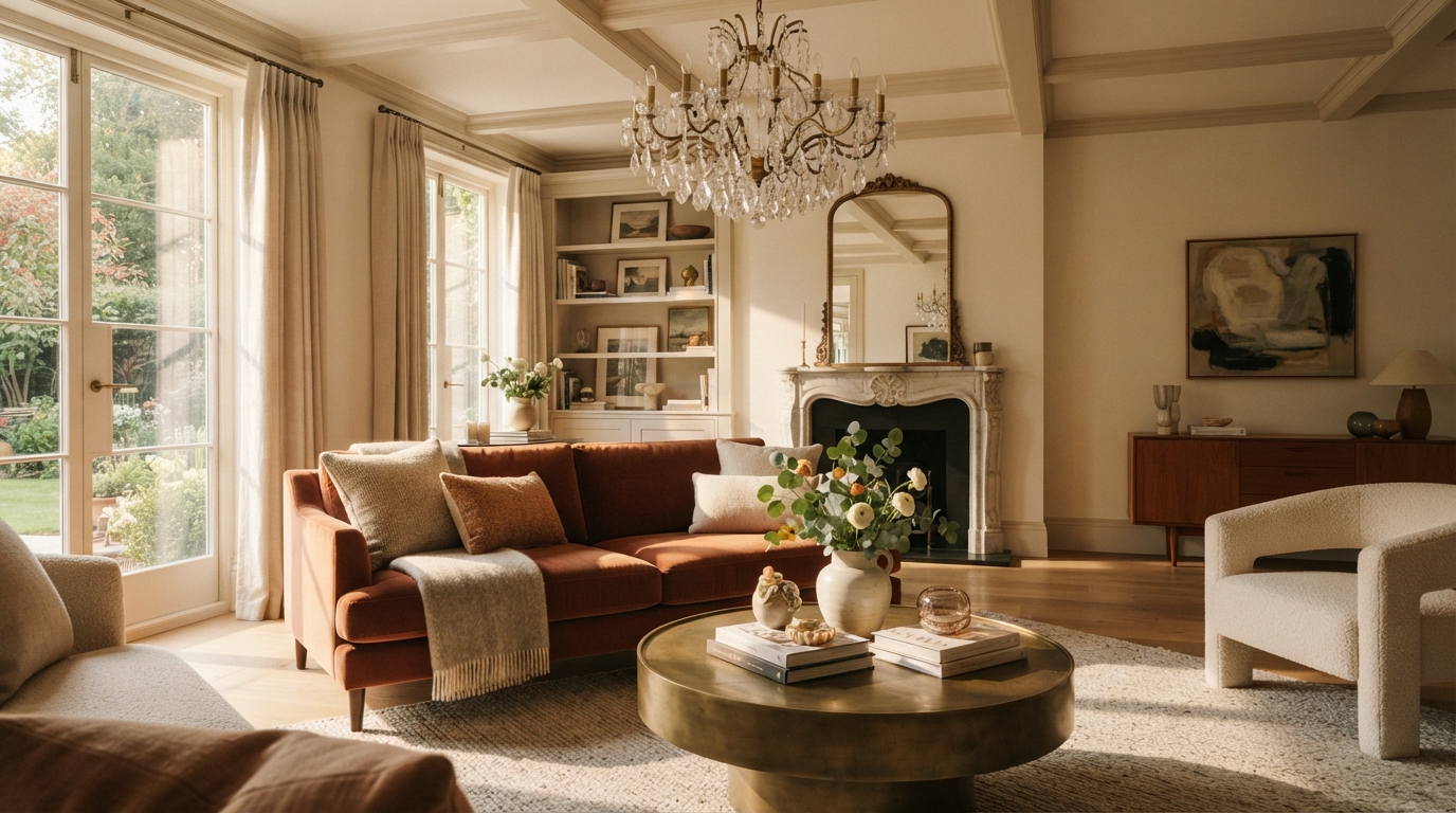 Elegant living room with timeless decor pieces, including a statement chandelier, bathed in natural light, exuding warmth and sophistication.