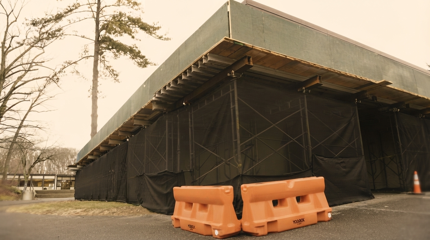 A new Greenwich Middle School building under construction, featuring extensive rooftop solar panels and innovative insulated concrete form exterior walls.