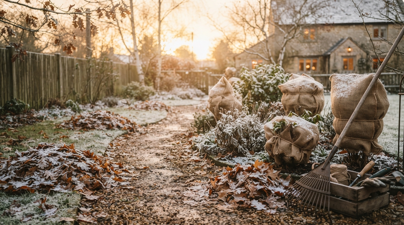 A tranquil garden scene with fallen leaves and protective coverings, signaling the end of autumn and preparation for winter.