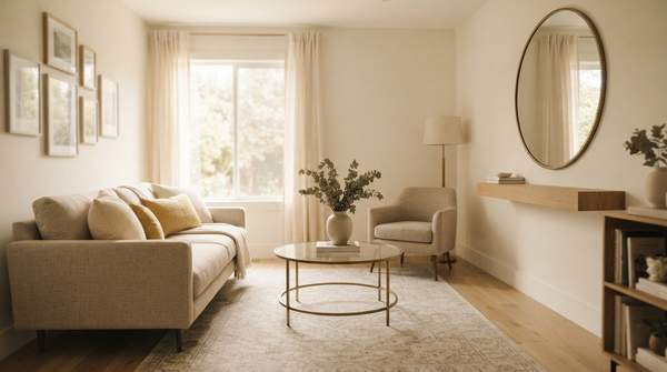 Editorial illustration for How to Make a Small Living Room Look Bigger: A Principle-Based Decor Framework