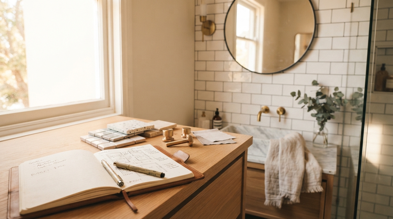Editorial illustration for How to Plan a Bathroom Renovation: A Step-by-Step Framework from Goals to Materials